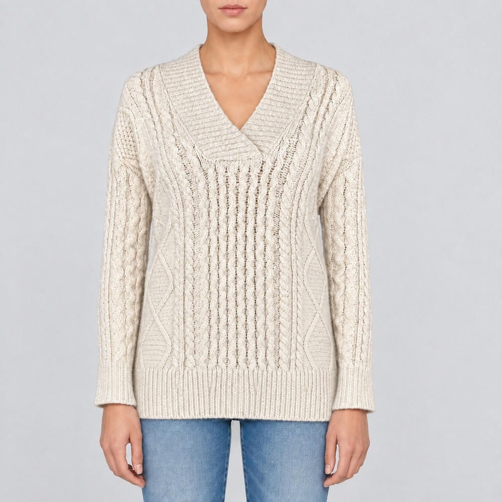 John + Jenn Oatmeal Cable Knit Wide Collar V-Neck Sweater Cream Fisherman